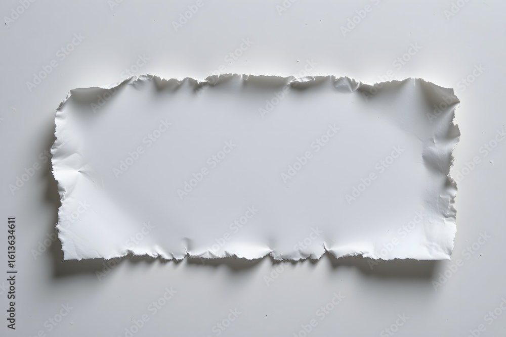 Poster torn paper frame: a close-up of a meticulously torn paper, its raw edges defining a blank frame of p