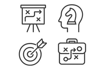 Business strategy line icon set. Thin line vector symbols for success, planning, and management. Icons for goals, targeting, tactics, mind, solution, and corporate plan.