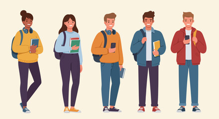 Obraz premium Group of Diverse Students Standing Together with Books and Backpacks – Flat Vector Illustration