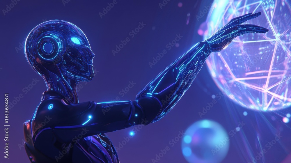 Poster robot interacting with glowing sphere in futuristic environment