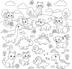 viral Cute dogs cats Dinosaur animals Landscape Printable Coloring Page for Kids Vector Art editable design for t-shirt and multipurpose use in high definition format