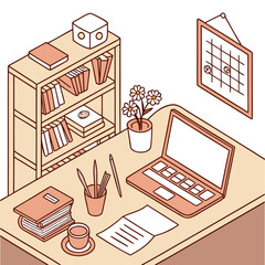 A cozy isometric illustration of a home office desk setup featuring a laptop books a potted plant and a calendar perfect for remote work or study