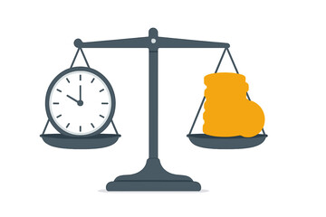 Time is money concept. Clock and coins on a balance scale. Vector illustration of balancing time and money. Work-life balance metaphor. Financial decision and value.