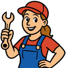 Handy cartoon woman worker with bright outfit and confident grin