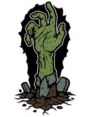 Green zombie hand bursting from cracked earth with eerie lighting