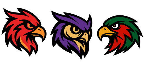 set of three distinct, aggressively stylized bird heads in a horizontal line on a white background. From left to right: a fierce red phoenix, a stern purple owl with yellow eyes, and a colorful eagle