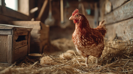 A brown hen stands on straw in a rustic barn. The scene includes wooden boxes and soft lighting, creating a warm farm atmosphere.