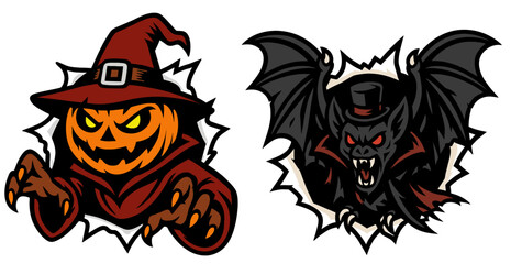 Witchy pumpkin and vampire bat styled in red and black attire