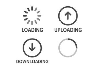 Loading icon set with progress bar for website. Vector round process symbols for upload and download. UI UX graphic elements for app interface design and data transfer.