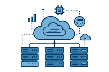 Cloud data storage and network technology concept. Online cloud computing with server cabinets for hosting. Big data processing, memory and information transfer vector.