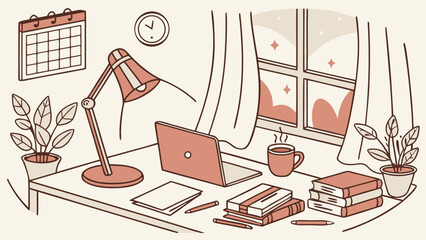 Cozy home office setup with a laptop books plants and a steaming mug of coffee by the window on a bright day