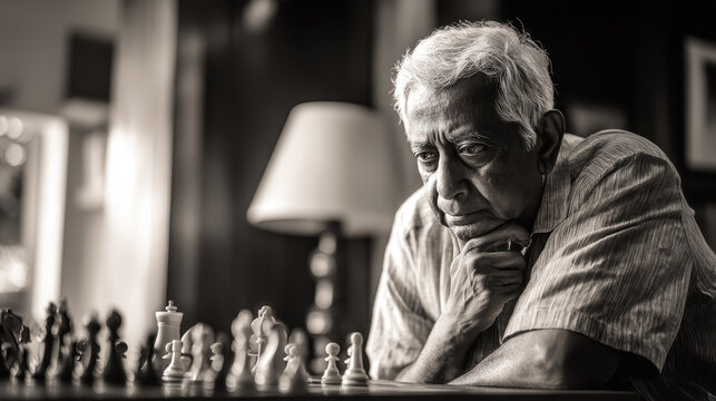 Senior Asian man with gray hair deep in thought while playing chess. The scene is set indoors with a lamp in the background, creating a contemplative atmosphere. - Powered by Adobe