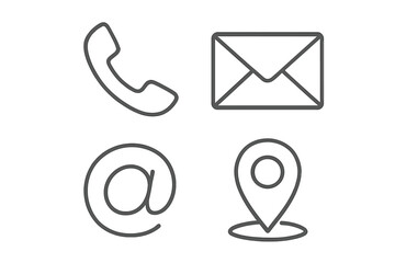 Contact us icon set. Simple line art web buttons for business communication. Vector graphic includes phone, mail, email at-sign, and address location map pin symbols.