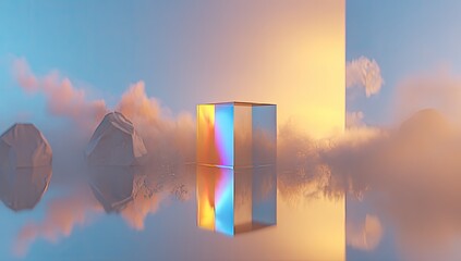 Irridescent cube in a serene, hazy landscape