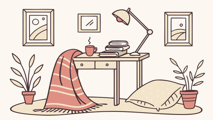 Cozy study nook illustration with desk books lamp blanket and plants creating a relaxing and inviting atmosphere for reading and work
