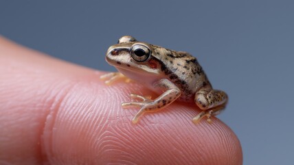 Obraz premium A small frog sits on a fingertip, showcasing its detailed skin texture and curious expression.