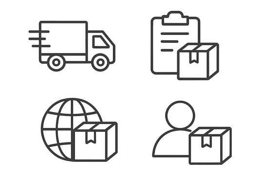 Delivery and logistics web icons set in thin line style. Shipping and courier service concept. Fast truck, global shipping, order checklist, customer with parcel vector.