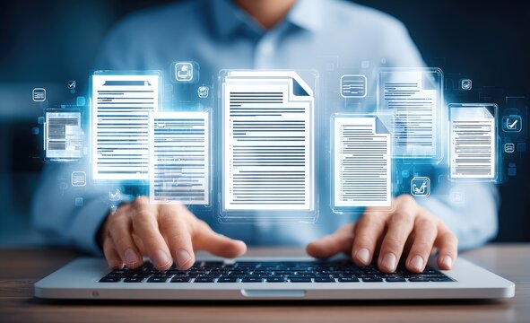 Person using laptop, hovering digital documents - Powered by Adobe