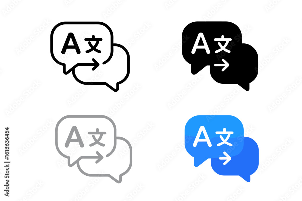 Poster language translation icon set with chat bubbles. online translator app symbol. foreign language comm
