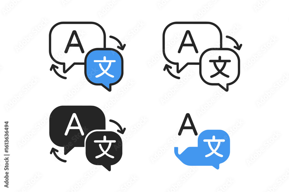 Poster language translation app icon set. chat bubbles for online translator. multilingual communication co