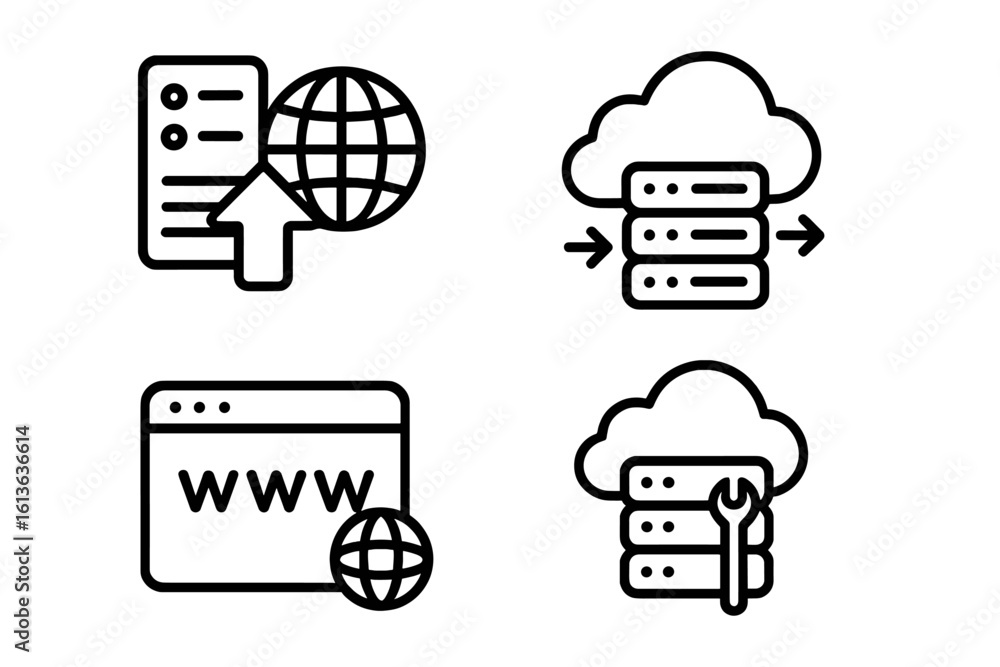 Poster web hosting icon set in thin line style. cloud computing and data server vector symbols. website dom
