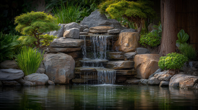 Scenic Stone Pathway Along a Cascading Stream in Serene Forest Garden

