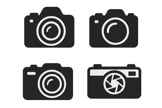 Camera icon set. Photography symbol collection. Vector graphic element for photo logo. Digital DSLR, mirrorless camera pictogram. Shutter, lens, aperture sign. Isolated.