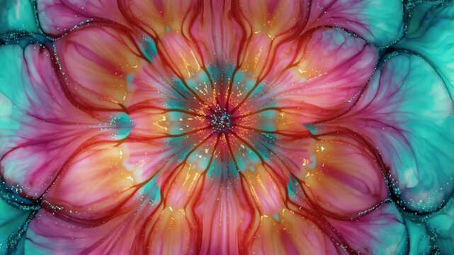 Alcohol ink macro video sacred geometry patterns, glowing lotus naturally as inks spread, radiant cyan, gold fuchsia, slow blooming, fluid mandala spiritual meditation edge divine sacred energy