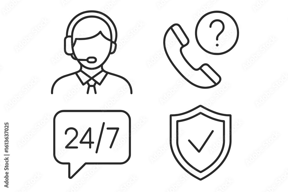 Poster customer service and support linear icons set. call center operator, 24/7 helpdesk, phone hotline fo