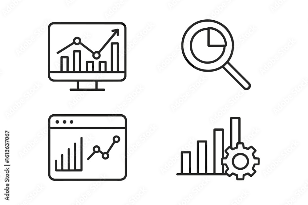 Poster data analytics and business intelligence line icon set. vector illustration of charts, graphs, and r
