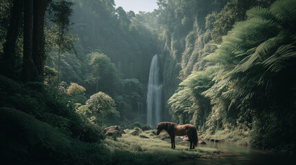 Majestic Horse Standing by a Scenic Waterfall in Lush Forest
