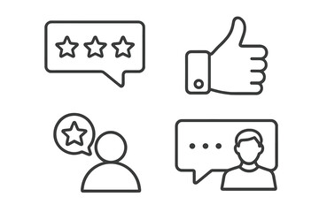 Feedback and review line icon set. Customer satisfaction, star rating, like, and user experience symbols for web and mobile app UI. Survey and testimonial concept.