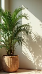 Fototapeta premium Single palm plant growing in wicker planter by window