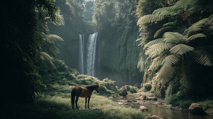 Majestic Horse Standing by a Scenic Waterfall in Lush Forest
