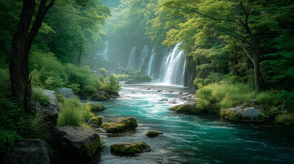 Serene Forest Stream with Cascading Waterfall and Lush Green Foliage
