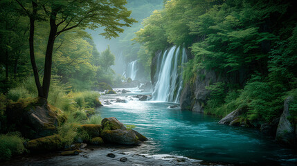 Serene Forest Stream with Cascading Waterfall and Lush Green Foliage
