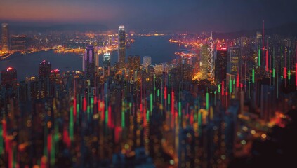 Hong Kong cityscape at night, overlaid with financial data