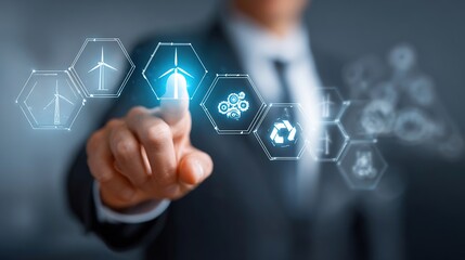 Businessman in suit pressing digital interface with technology icons and artificial intelligence concept in background.