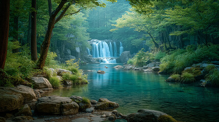 Serene Forest Stream with Cascading Waterfall and Lush Green Foliage

