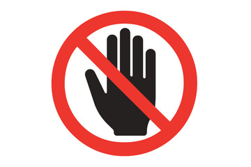Do not touch icon with hand silhouette. Forbidden sign for no entry, do not push, off limits areas. Red prohibition circle symbol. Vector for warning, danger, restricted access.