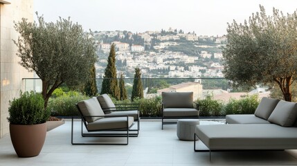 Serene outdoor furniture setup on balcony overlooking hillside town