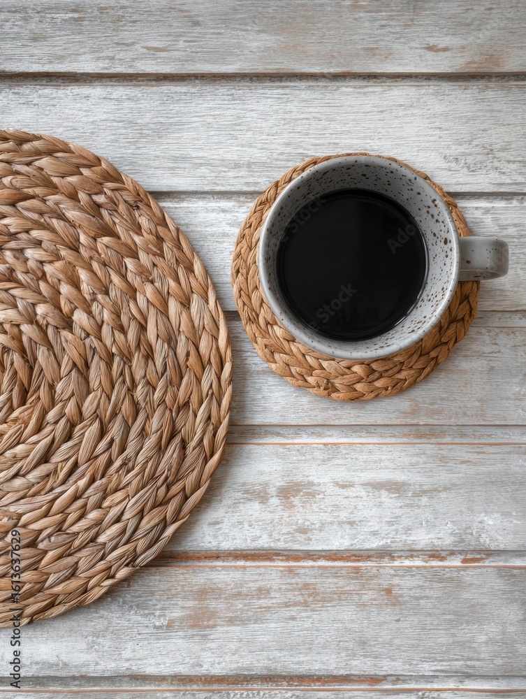 Poster half-empty mug resting on a woven coaster on a clean wooden table with open space above