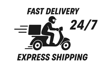 Fototapeta premium Express delivery service, fast shipping 24/7 with courier on scooter, urgent parcel logistics, rapid transport, same day delivery, vector illustration, modern flat design, urban mobility