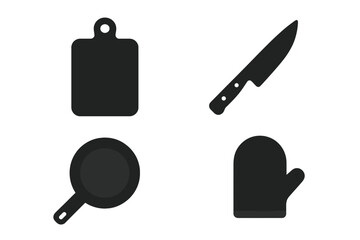 Cooking icon collection. Solid black silhouettes of essential kitchen tools. Vector set includes cutting board, chef knife, frying pan, and oven mitt. Food preparation symbols.