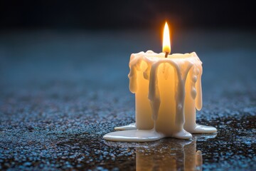 Melting wax candle with warm flame glowing in darkness and reflection