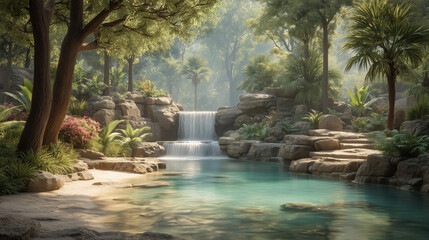 Serene Tropical Paradise with Waterfall, Lush Foliage, and Calm Pool
