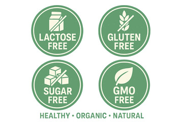 Lactose, gluten, sugar, GMO free icon set. Healthy, organic, natural food labels for packaging. Allergen free diet product stickers. Vector bio, eco, vegan emblems.