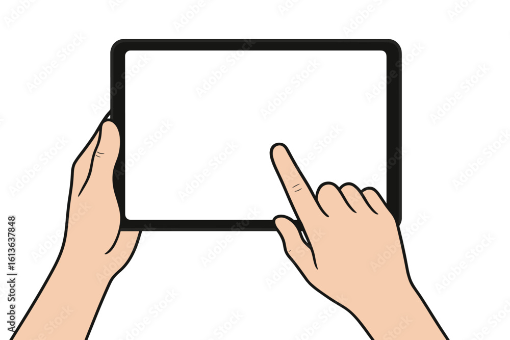 Poster vector illustration of hands holding a tablet with a blank screen. finger pointing and touching the 