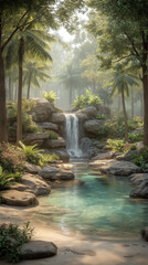 Serene Tropical Paradise with Waterfall, Lush Foliage, and Calm Pool
