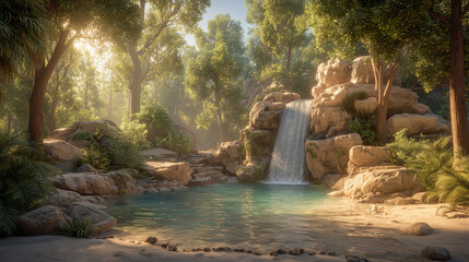 Serene Tropical Paradise with Waterfall, Lush Foliage, and Calm Pool
